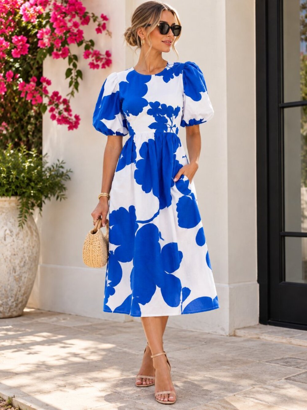 Sugarlips Yardley Floral Poplin Puff Sleeve Midi Dress Size Large